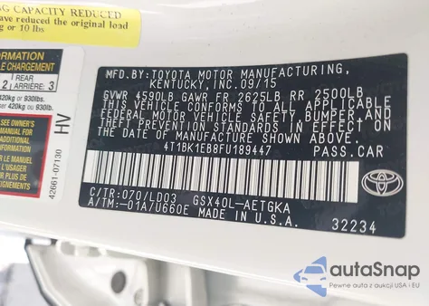 2015 Toyota Avalon Xle z USA, uszkodzony, nr VIN 4T1BK1EB8FU189447